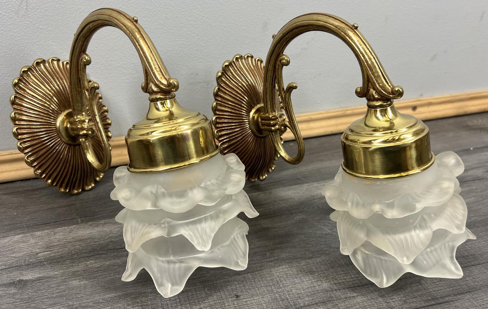Pair of Wall Lights Vintage French Brass Sconces Frosted Glass Shades (1 of 8)