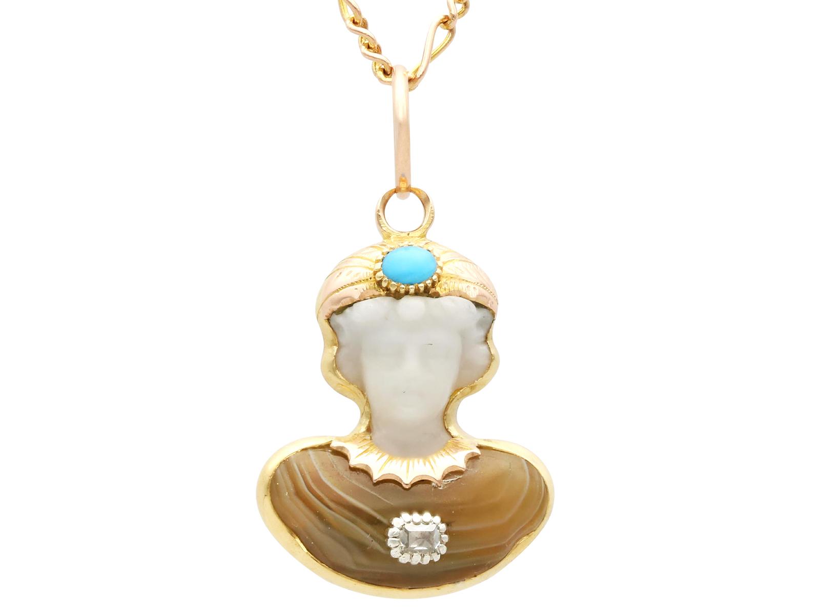 Antique Victorian Agate, Carved Quartz, Diamond & Turquoise 15ct Yellow Gold Pendant (1 of 9)