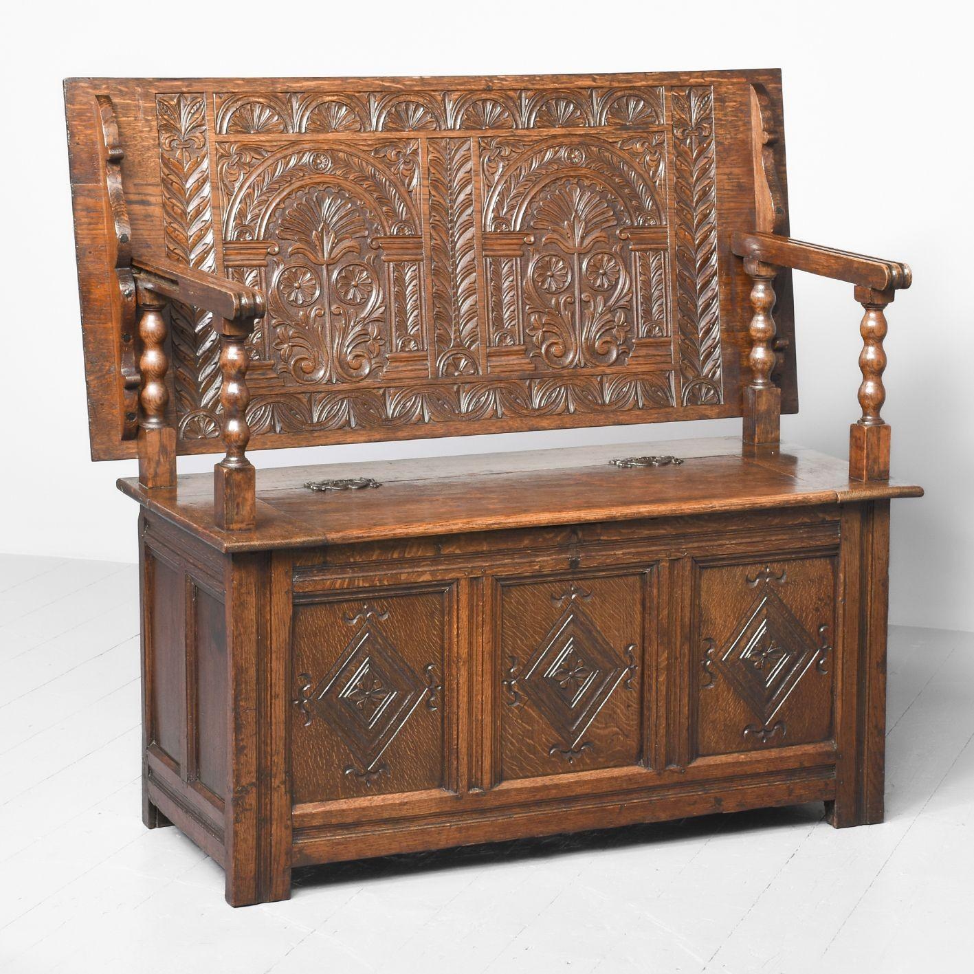Large Finely Carved Victorian Oak Monks Bench (1 of 14)