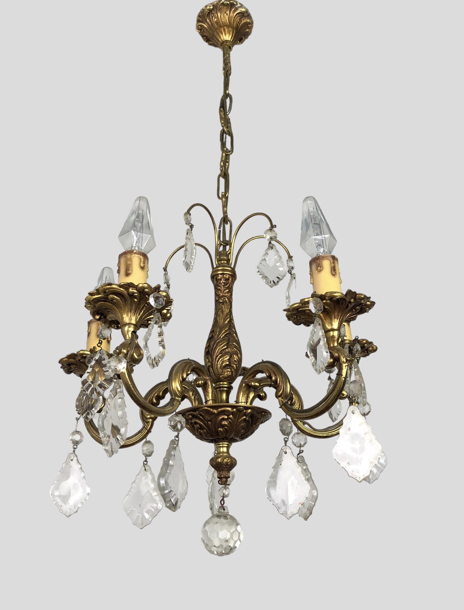 Vintage Gilt Bronze Petite 5 Arm Chandelier Ceiling Light Crystal Drops (1 of 11)