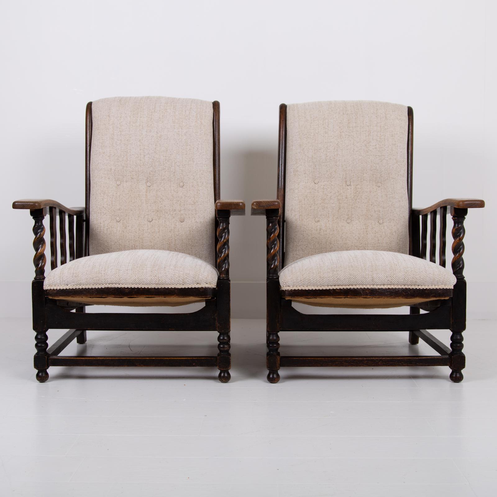 Pair of Reclining Oak Armchairs New Upholstery c.1915 (1 of 18) Pair of Reclining Oak Armchairs New Upholstery c.1915 (1 of 18)