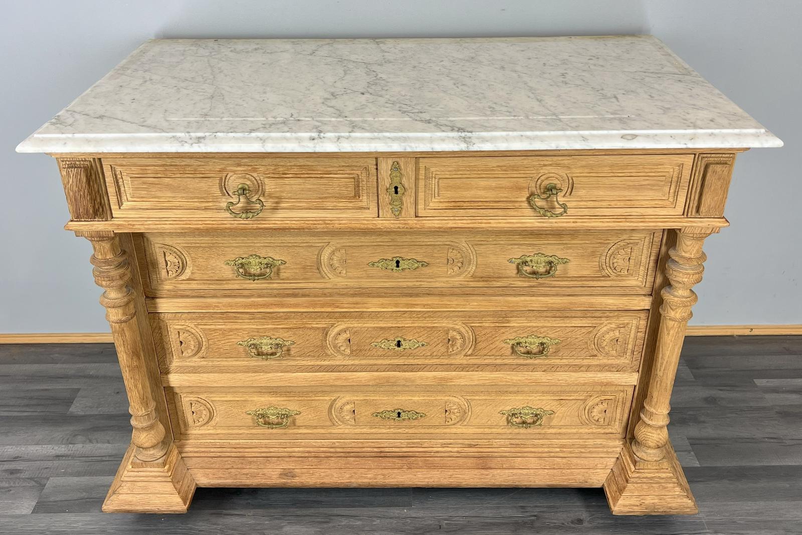 Chest of Drawers Antique French Oak Carved Marble Top Brass Cabinet (1 of 17)