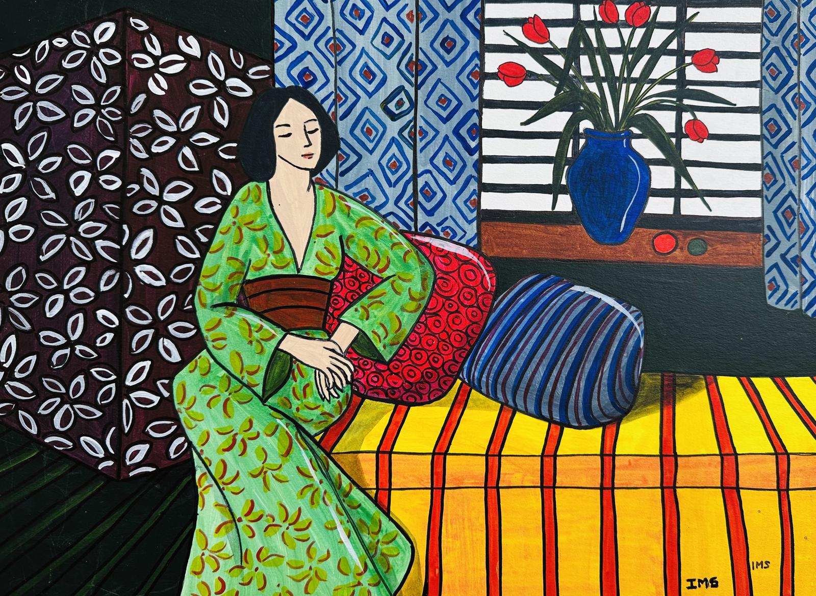 Original Gouache 'Lady in a Kimono' by Irene Stocks (b.1942) Initialled (1 of 2)