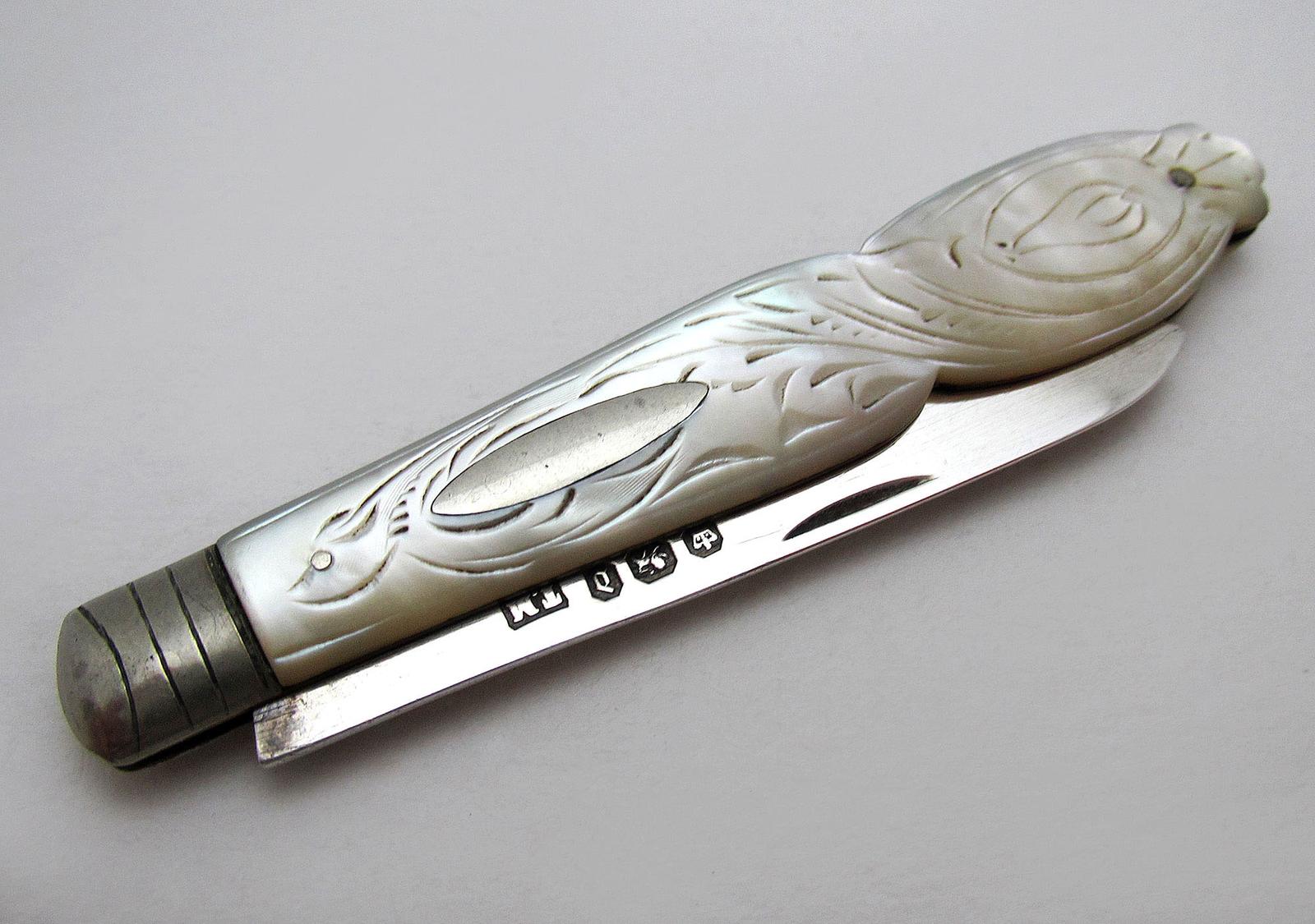 Antique Victorian Sterling Silver & Mother of Pearl Folding Fruit Knife - Sheffield 1896 (1 of 8) Antique Victorian Sterling Silver & Mother of Pearl Folding Fruit Knife - Sheffield 1896 (1 of 8)