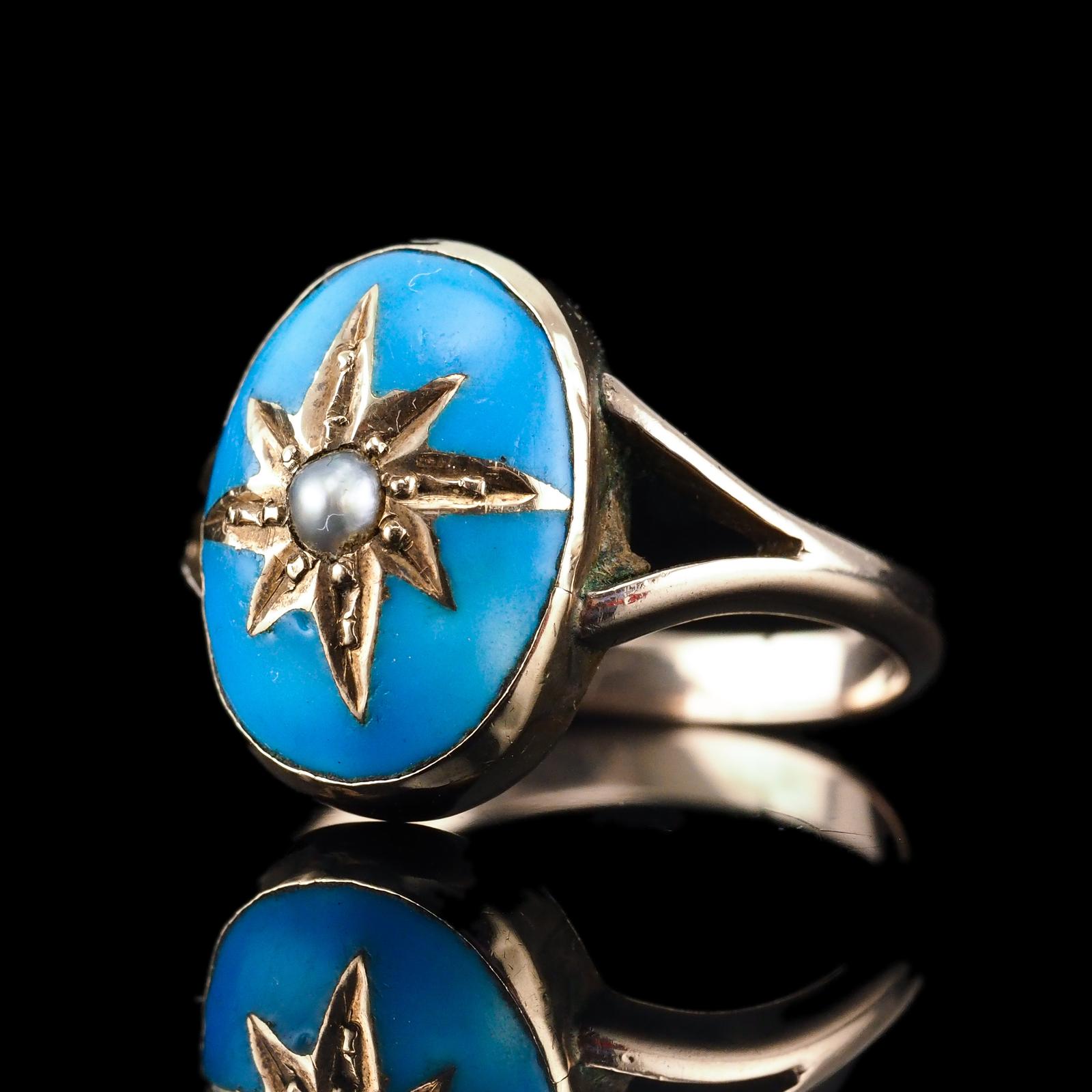 Antique Victorian Blue Enamel & Gold Star Pearl Ring 9K Gold - c.1880 (1 of 15)
