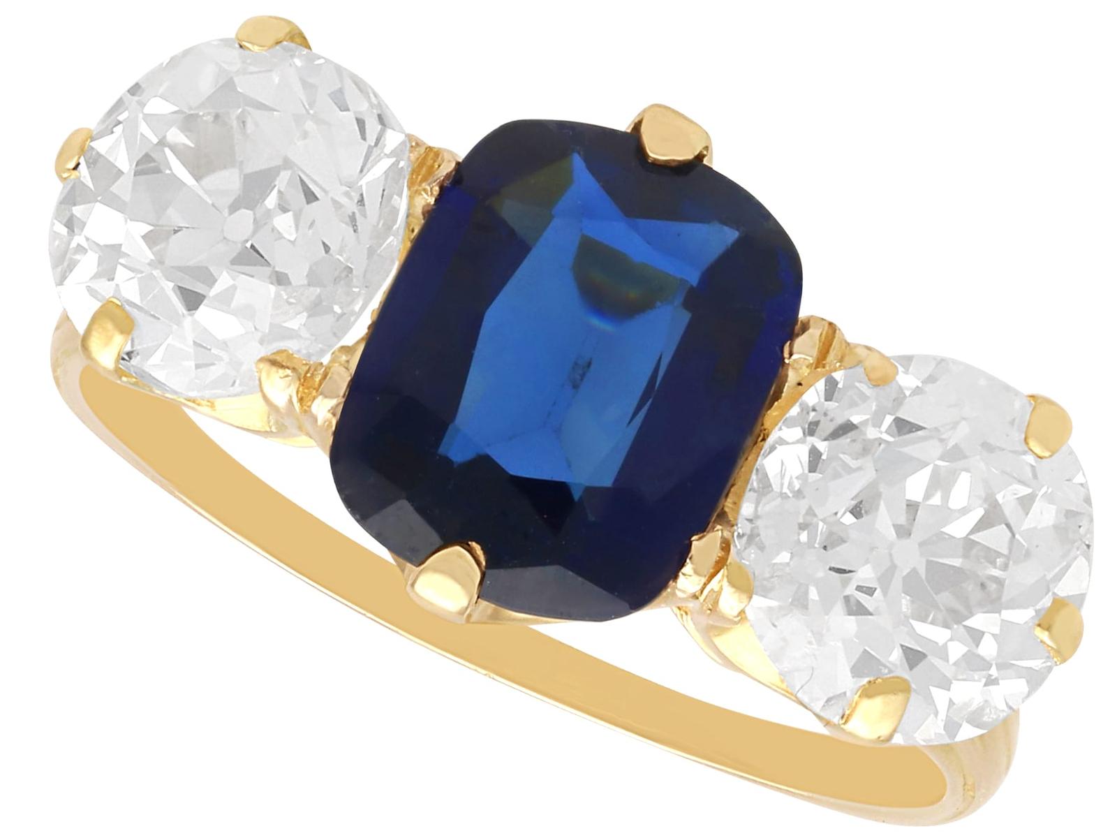 Antique 2.17ct Basaltic Sapphire & 2.52ct Diamond, 18k Yellow Gold Trilogy Engagement Ring c.1890 (1 of 16)