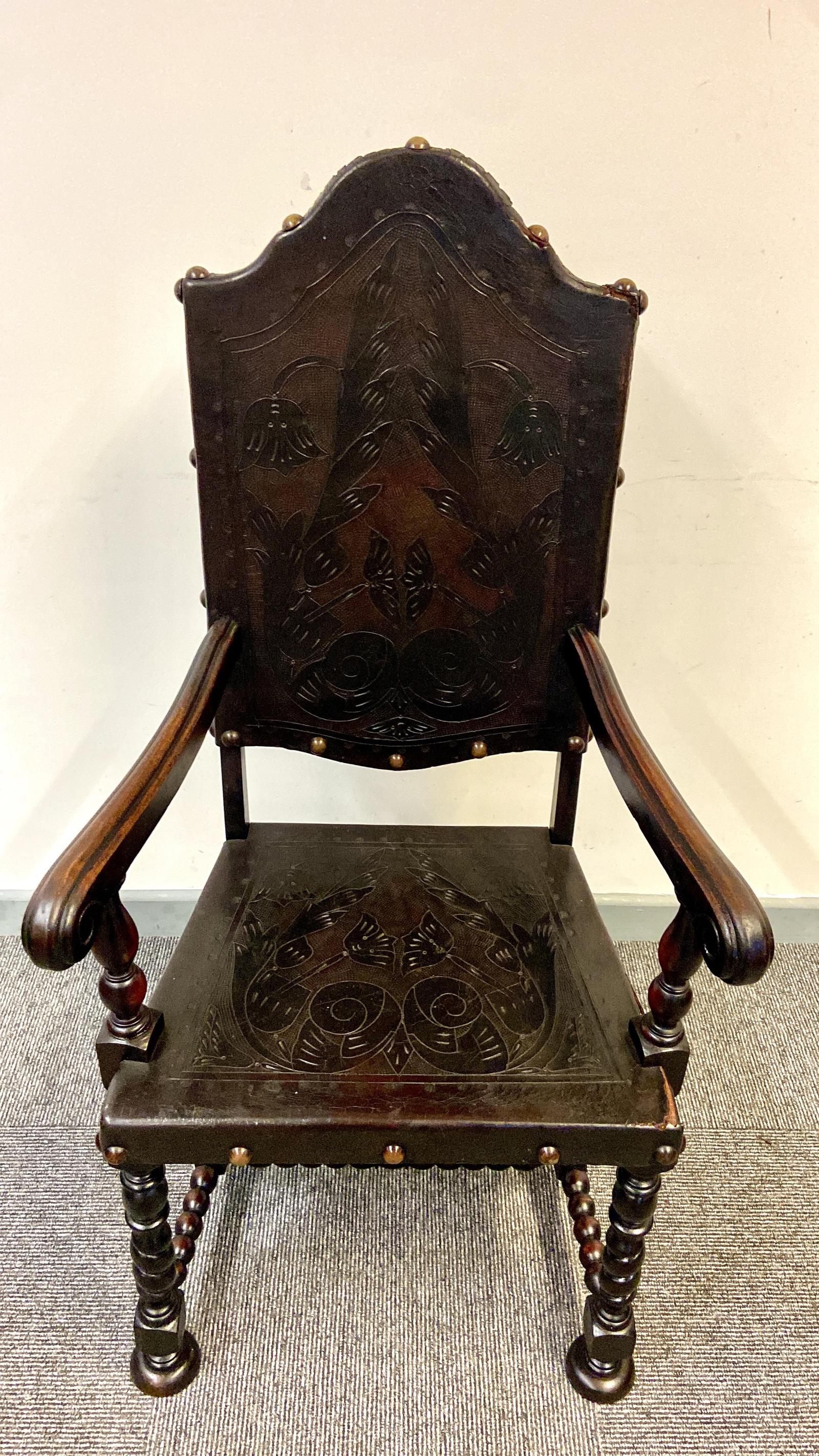 Antique Large Throne Chair / Hand Tooled Leather / Handcarved Wood / 19th Century (1 of 13)