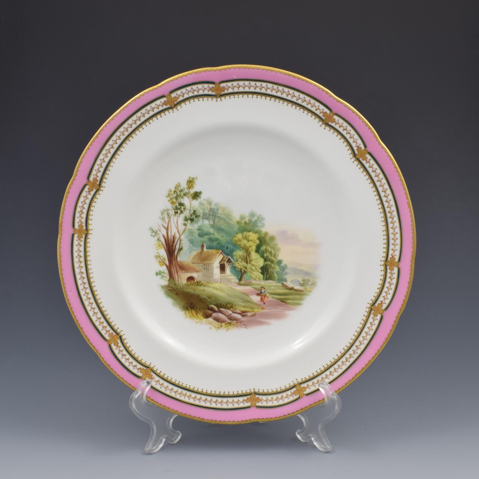 Stunning Minton Porcelain Pearl Jewelled Landscape Dessert Plate Pink Ground 2 (1 of 7)