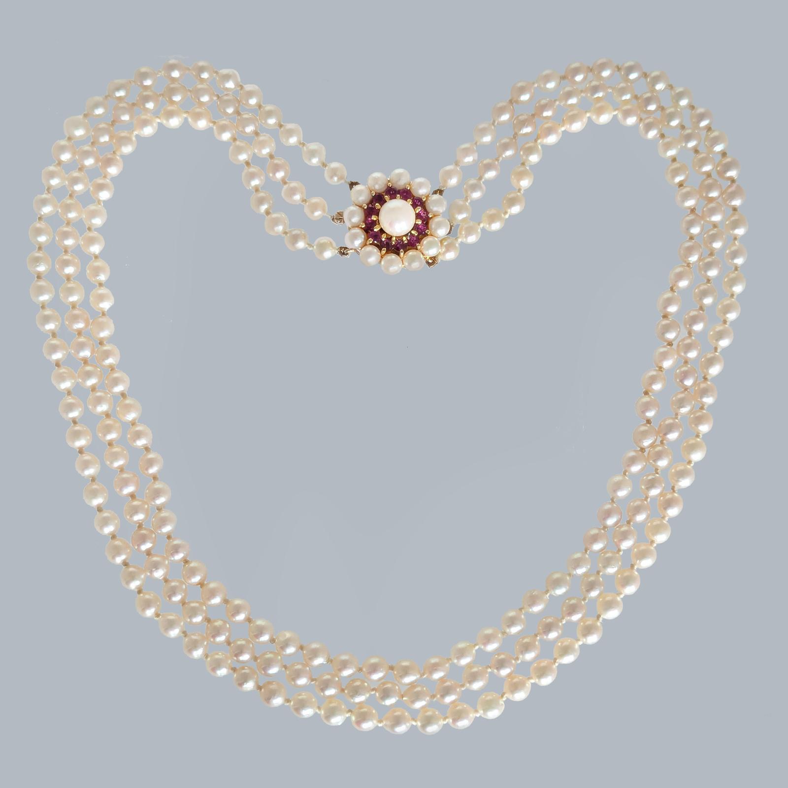 1960s Triple Strand Cultured Pearl Necklace with 9ct Gold Ruby & Pearl Floral Clasp (1 of 9)