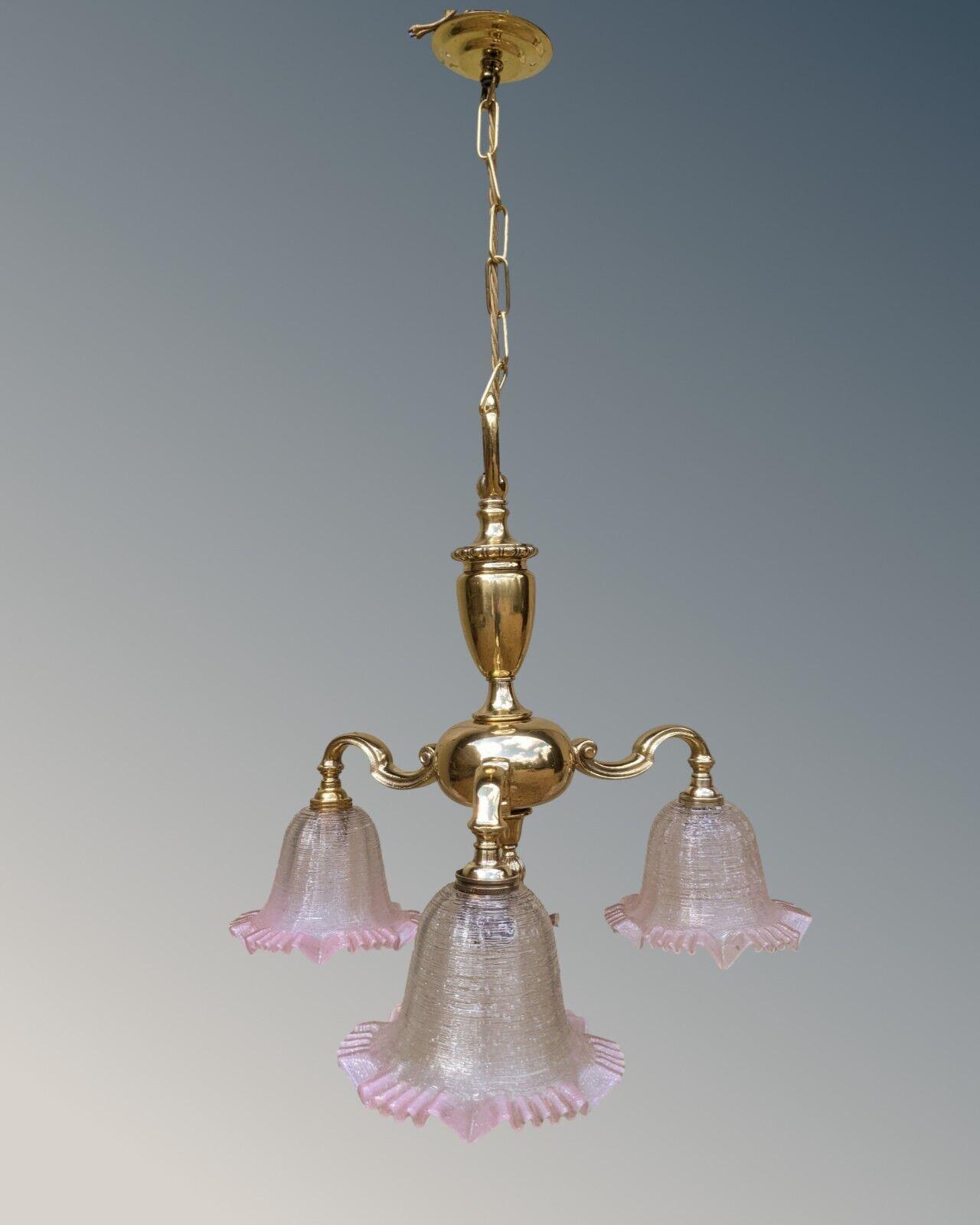 Pretty Antique Brass Chandelier Pink Crimped Glass (1 of 7)