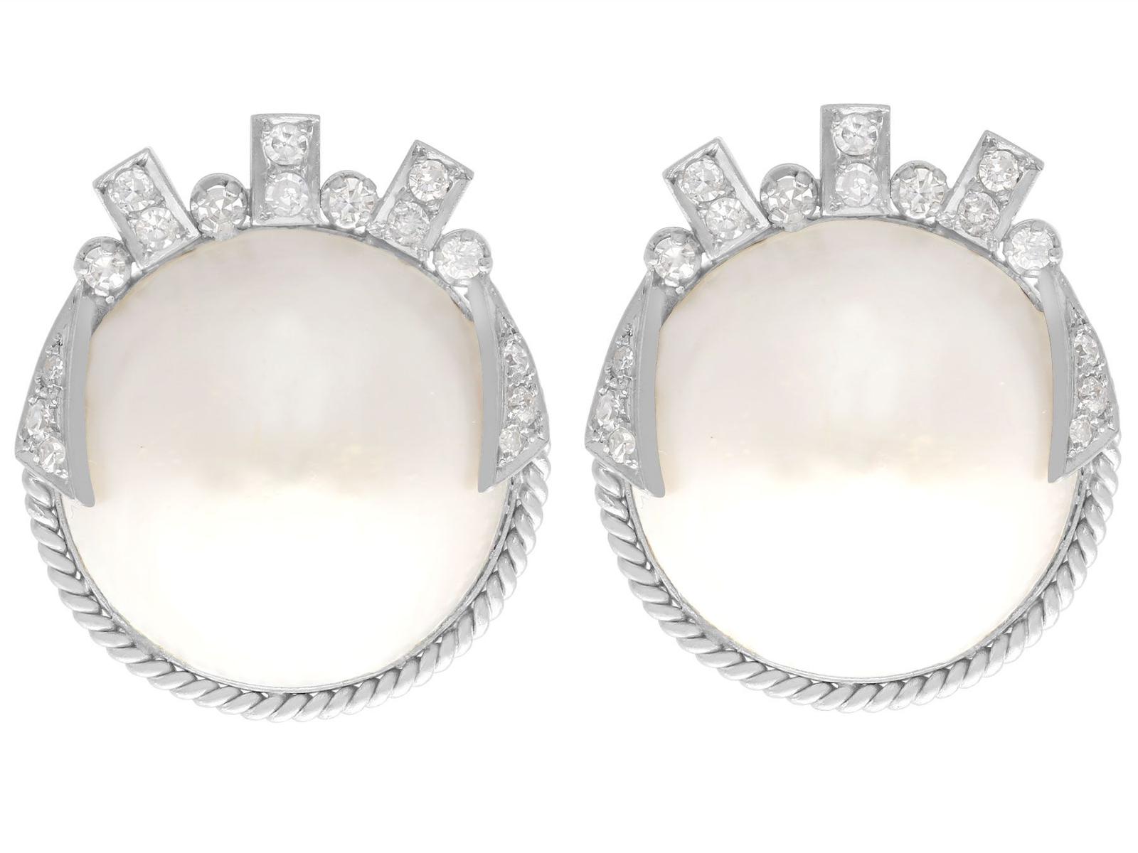 Vintage Mabe Pearl & 0.78ct Diamond, 9ct White Gold Earrings - Art Deco Style c.1950 (1 of 11)