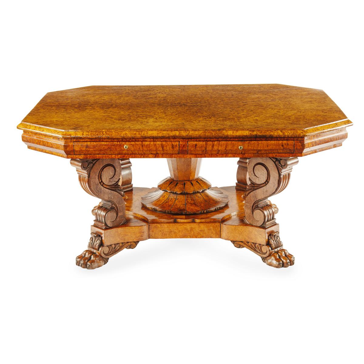 Unusual William IV Amboyna & Oak Four Drawer Library Table by Simpson (1 of 14)