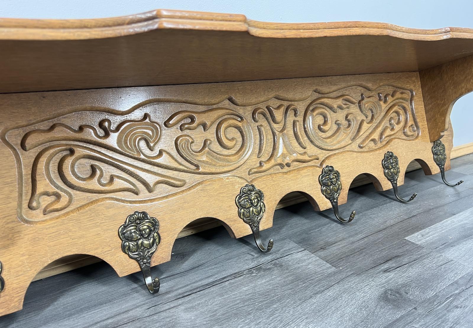French Vintage Coat Rack Oak 6 Brass Hooks Carved Hanger (1 of 9)