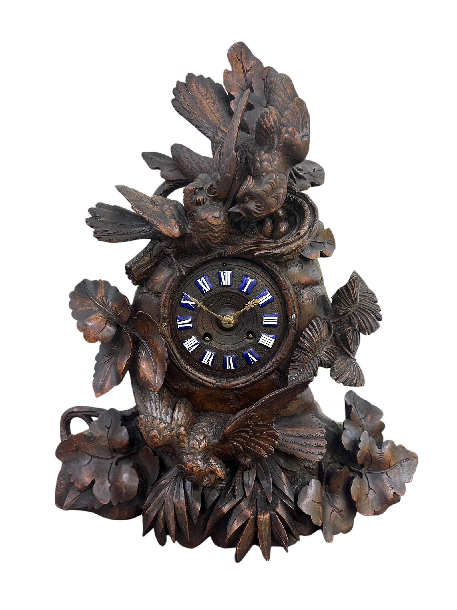 Exquisite Carved Bird Black Forest Mantel Clock – Ca1900 (1 of 15)
