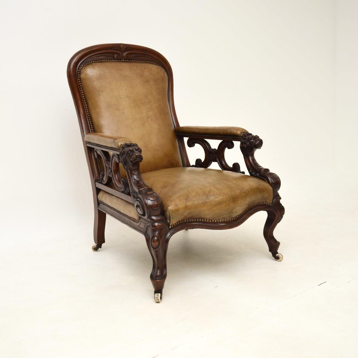 Antique Victorian Carved Mahogany & Leather Armchair (1 of 12)