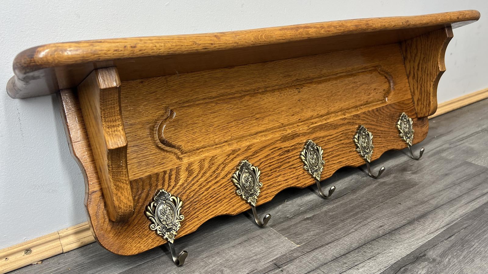 French Vintage Coat Rack Oak 5 Hooks Wall Shelf Carved Coat Hanger (1 of 9)