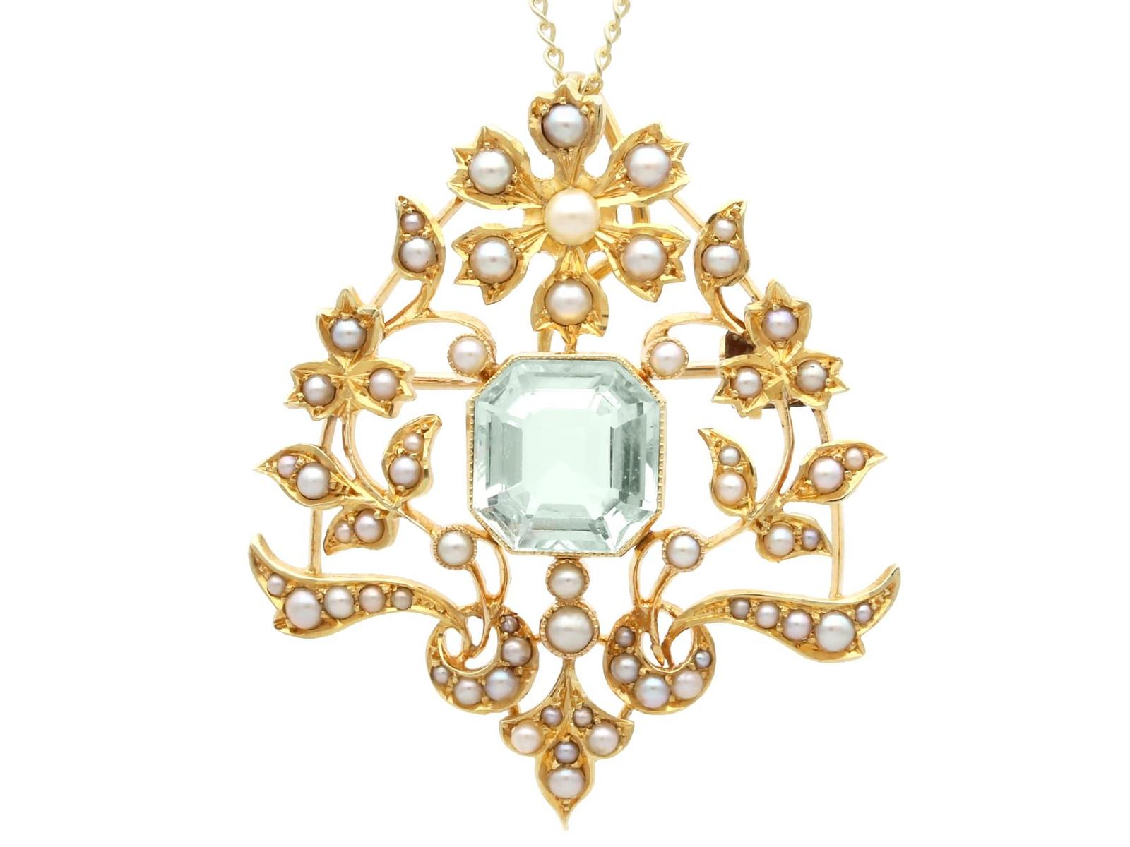 Antique 4.10ct Aquamarine & Seed Pearl 15ct Yellow Gold Pendant / Brooch c.1880 (1 of 15)