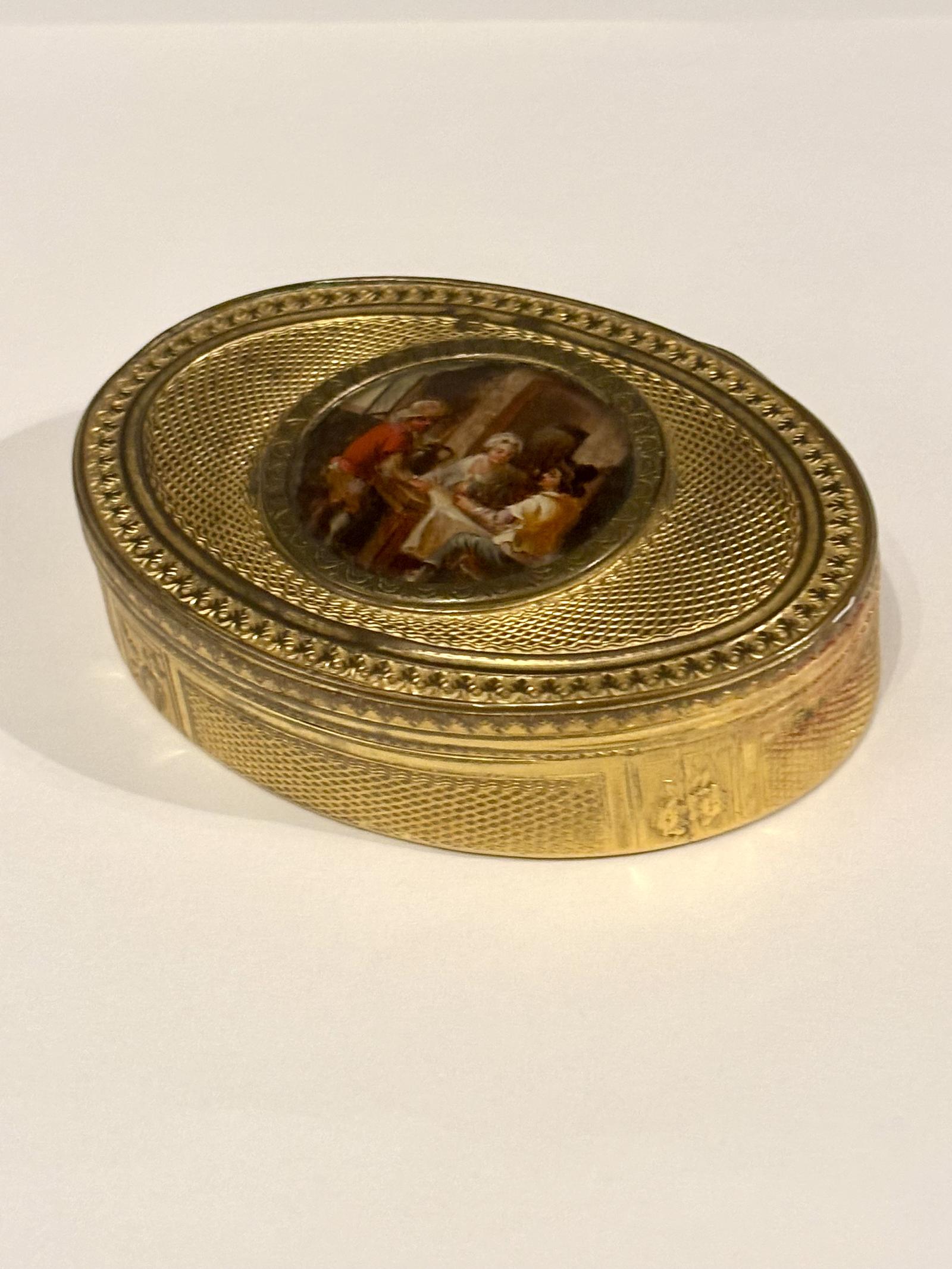 Antique 19th Century Oval Gilt Metal Snuff Box with Inset Hand Painted Plaque (1 of 14)