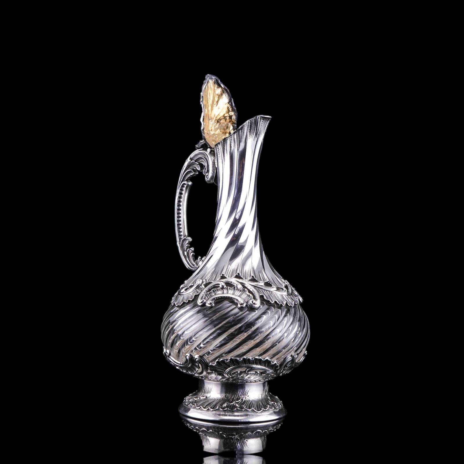 Antique French Solid Silver Ewer Glass Mounted, Rococo Shell Design - Lancon, Paris c.1880 (1 of 19)