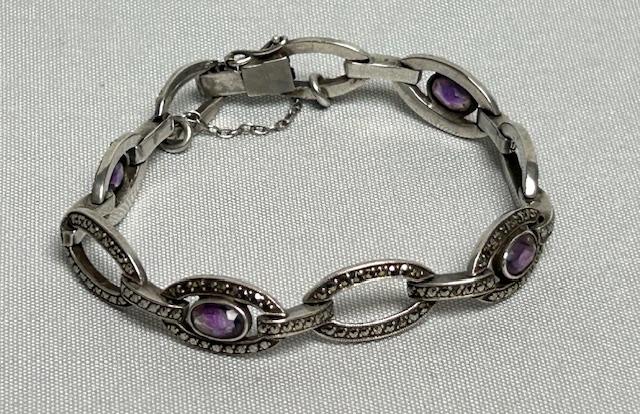 Art Deco Silver, Marcasite & Amethyst Panel Link Bracelet (1 of 6)
