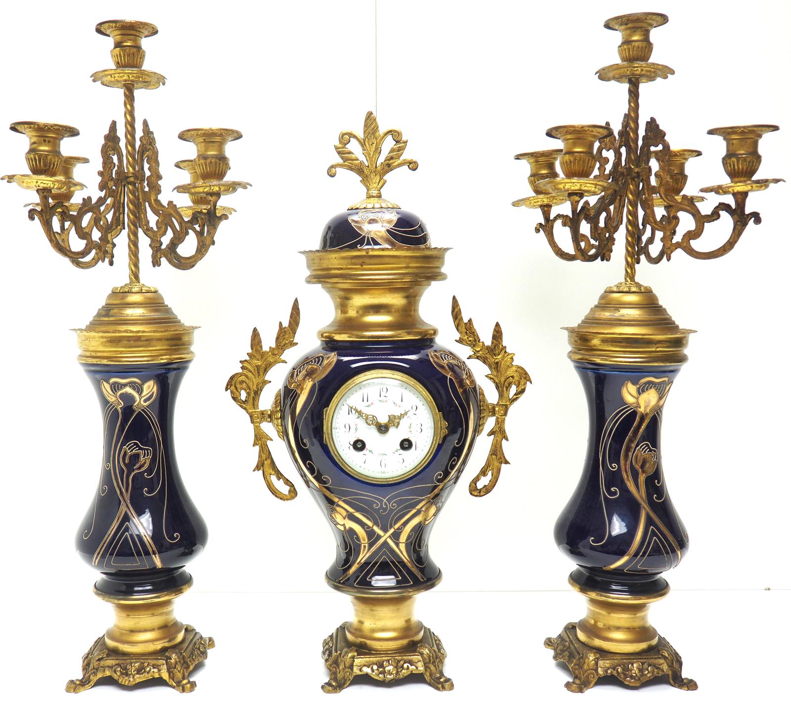 Incredible Electric Blue Art Nouveau Bulbous Tulip 5 Branch Candelabra Mantel Clock Set (1 of 11)