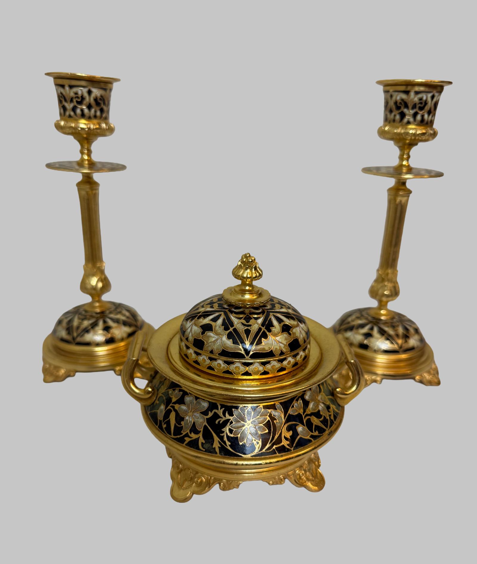 19th C. Champleve and Gilt Bronze Set of Candlesticks and Inkwell (1 of 7) 19th C. Champleve and Gilt Bronze Set of Candlesticks and Inkwell (1 of 7)