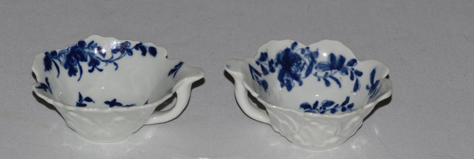 Pair of Worcester Geranium Moulded Butterboat, Painted with Butterboat Mansfield Pattern, Workman’s Marks c.1758-60 (1 of 10)