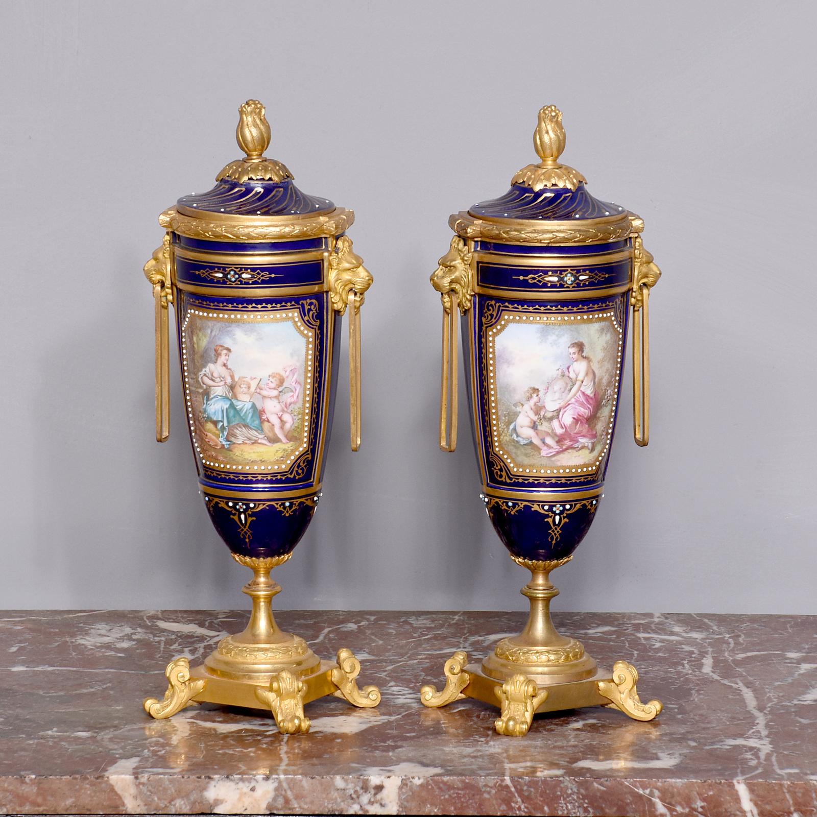 Pair of Sevres or Sevres Style Hand - Decorated Cobalt Blue Porcelain Vases with Ormolu Mounts (1 of 13)