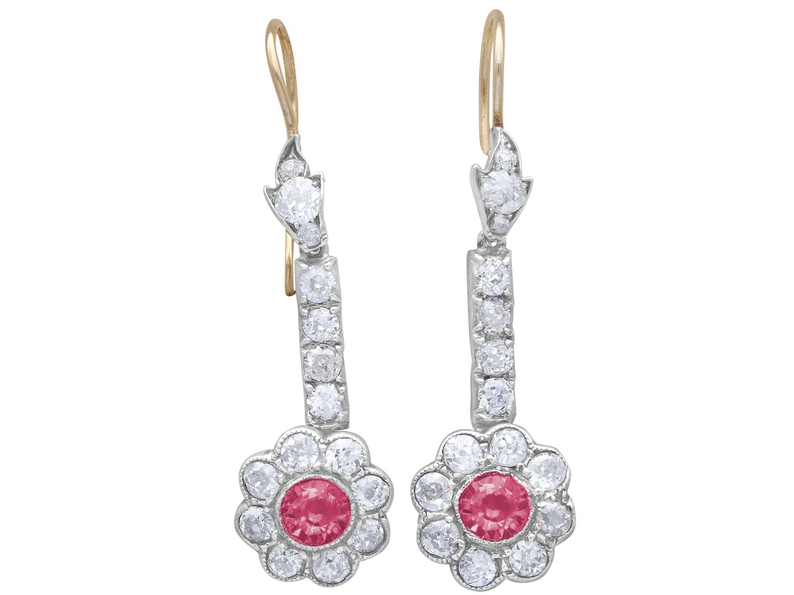 2.42ct Diamond & 1.05ct Pink Sapphire, 12ct Yellow Gold Drop Earrings - Antique c.1890 (1 of 11)
