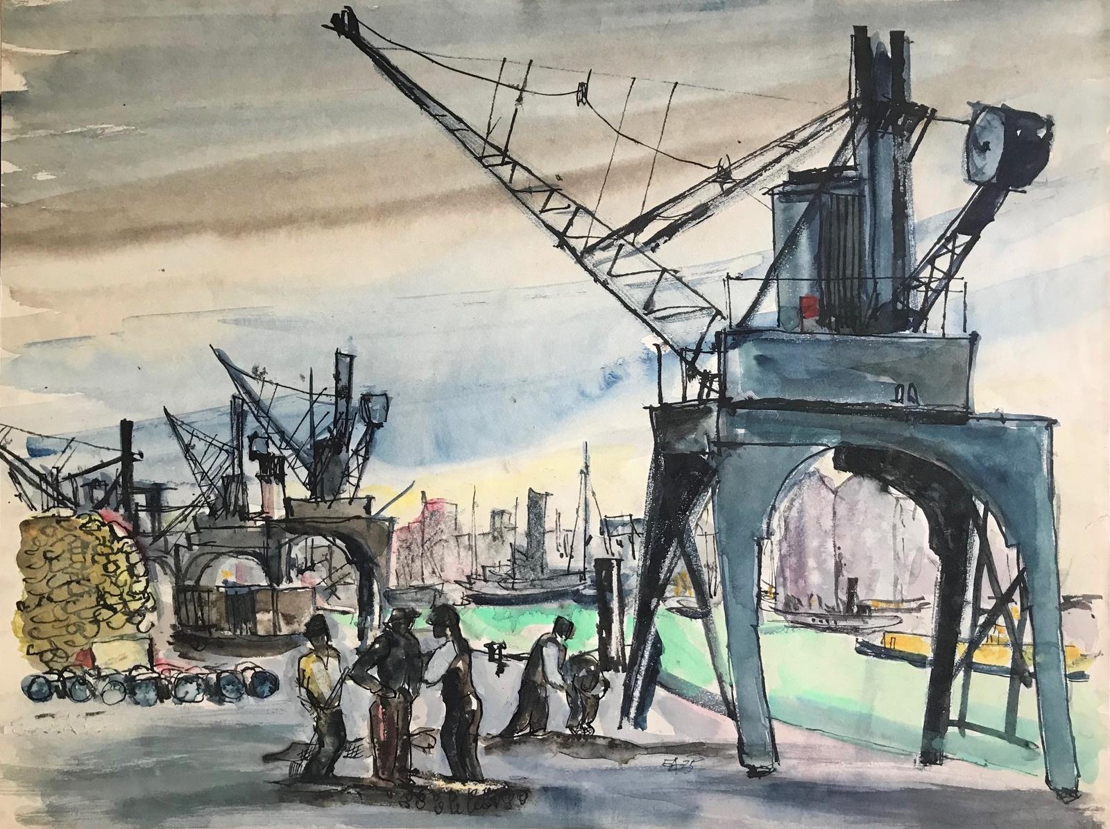 Original Watercolour 'Harbour with Cranes & Dockers' Egon Adler (1892-1963) Initialled & Dated EA 34 (1 of 2) Original Watercolour 'Harbour with Cranes & Dockers' Egon Adler (1892-1963) Initialled & Dated EA 34 (1 of 2)