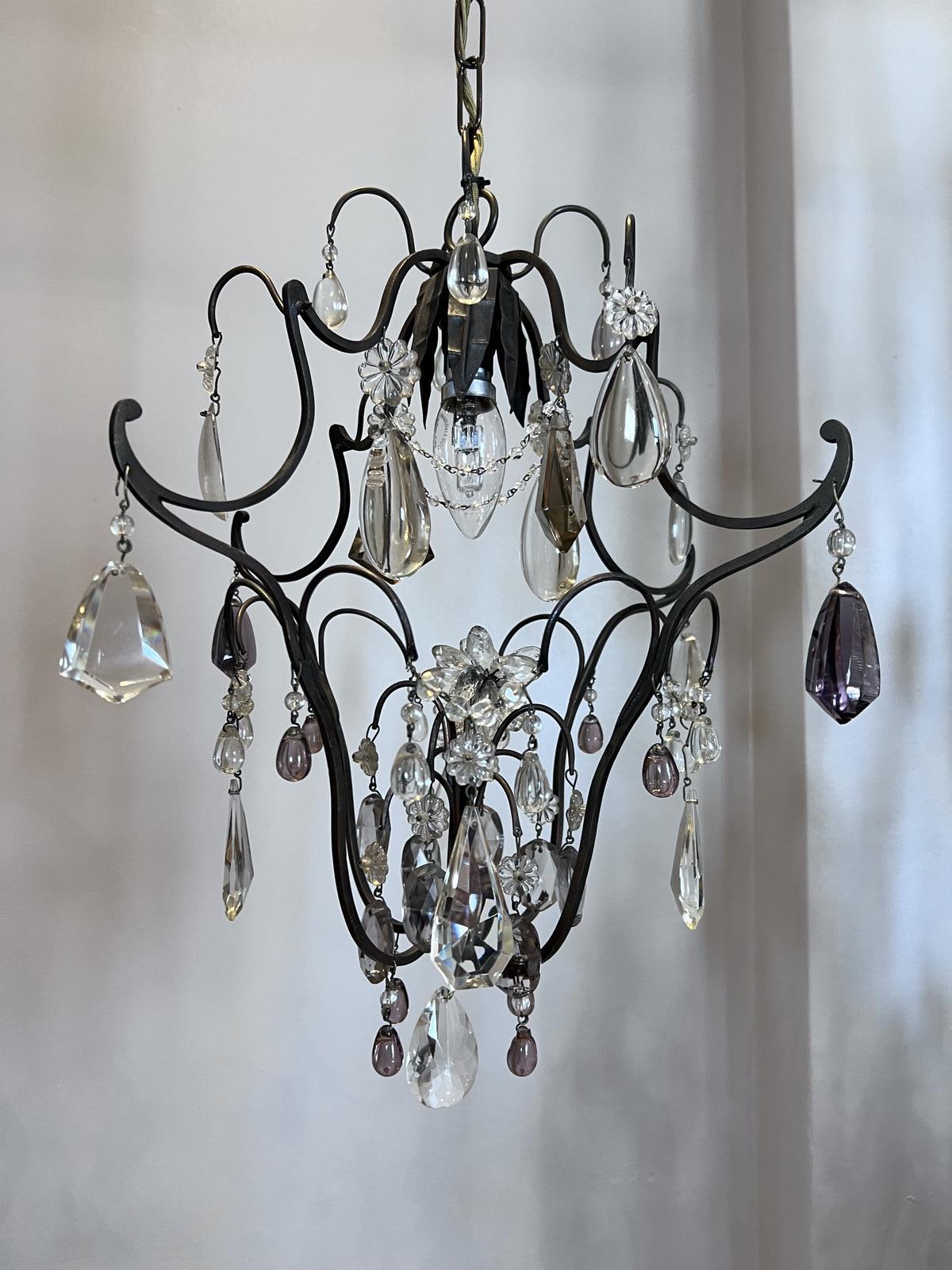 A ONE LIGHT FRENCH CHANDELIER WITH COLOURED CRYSTALS (1 of 12)
