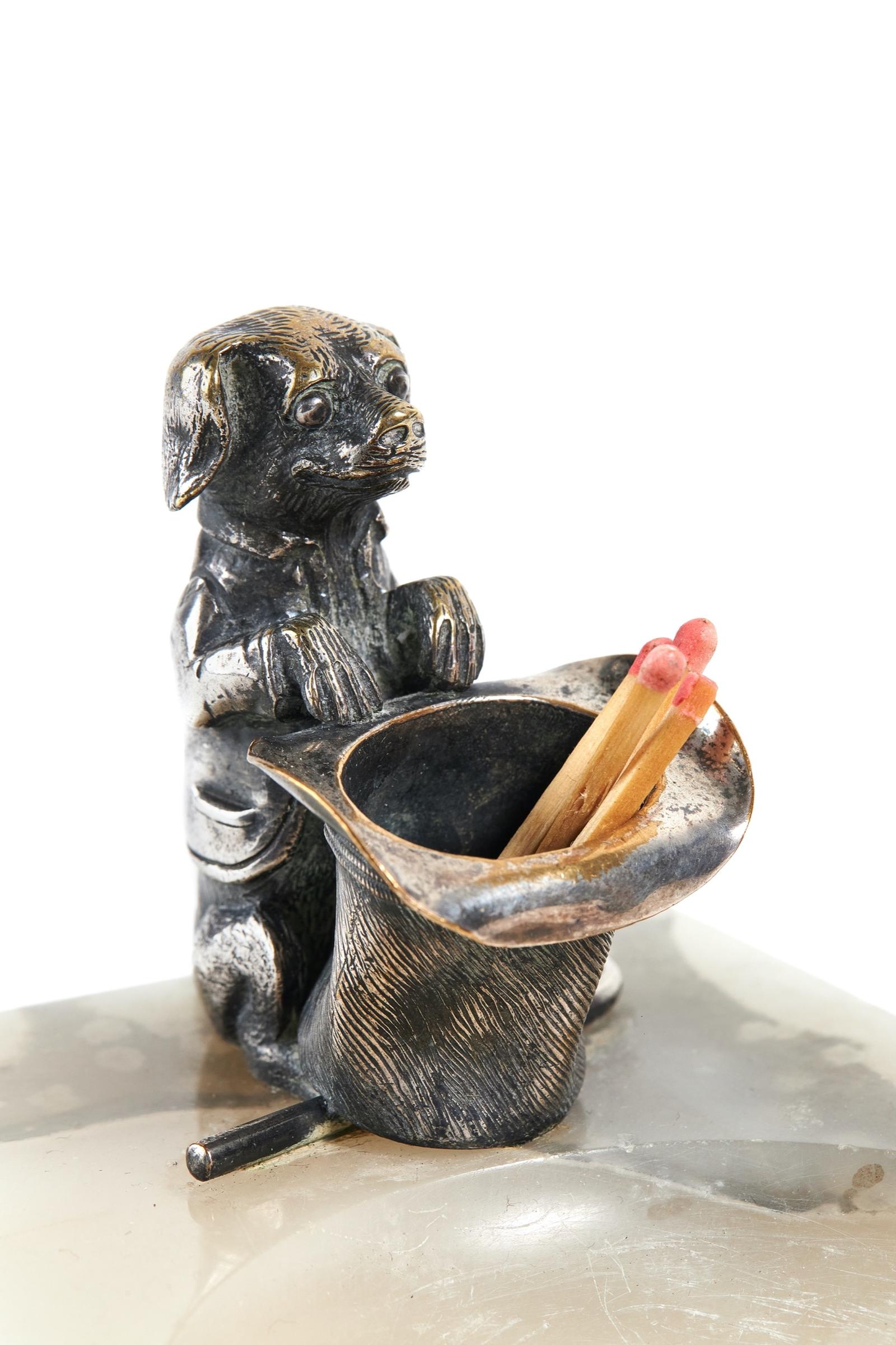 Silver Plated Dog with Hat Match Holder / Striker Mounted on Onyx Ashtray (1 of 7)