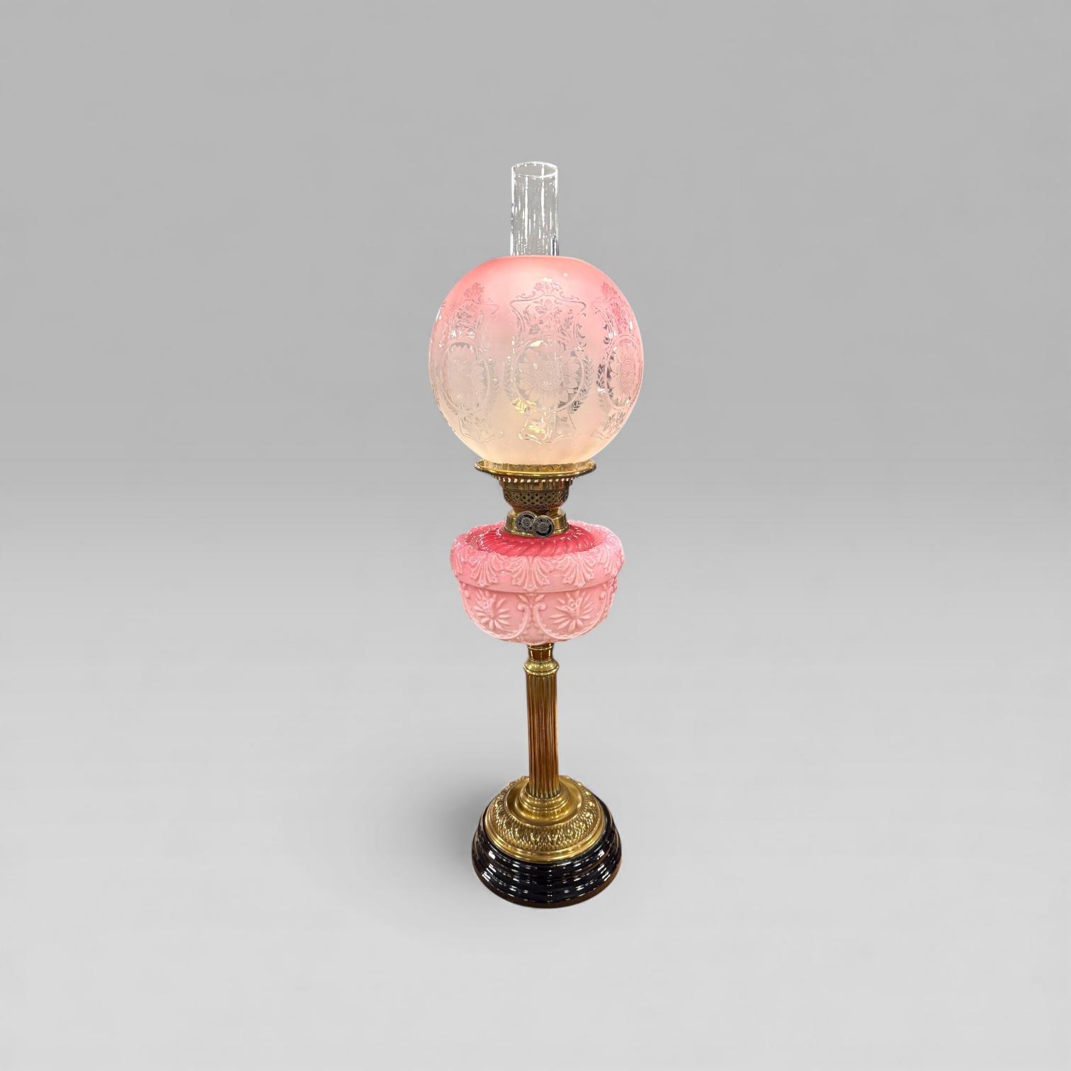 Antique Victorian Cranberry Etched Glass Oil Lamp with Brass Column (1 of 12) Antique Victorian Cranberry Etched Glass Oil Lamp with Brass Column (1 of 12)