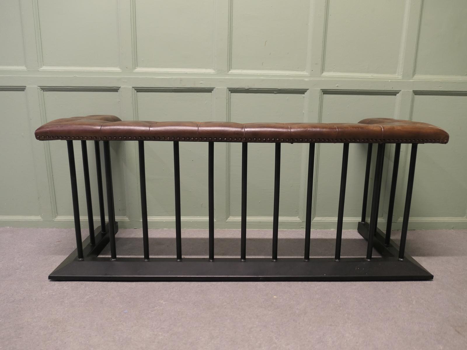 A Wrought Iron and Leather Fire Side Seat, Club Fender (1 of 7) A Wrought Iron and Leather Fire Side Seat, Club Fender (1 of 7)