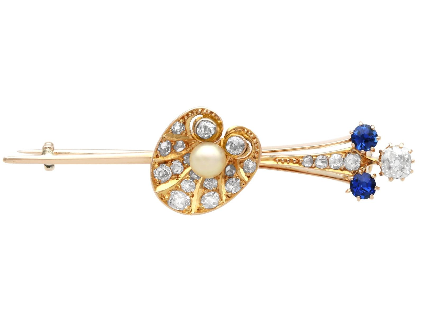 Antique 0.82ct Diamond, 0.15ct Sapphire, Pearl & 12ct Yellow Gold Shell Bar Brooch c.1900 (1 of 9)