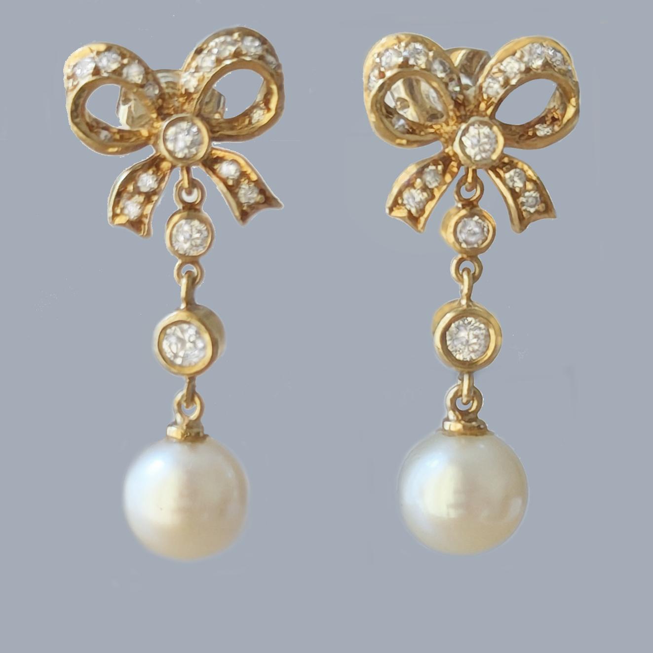 18ct Gold Pearl & Diamond Drop Earrings – Bow Motif – 1980s Victorian Style – 3cm Length (1 of 6)