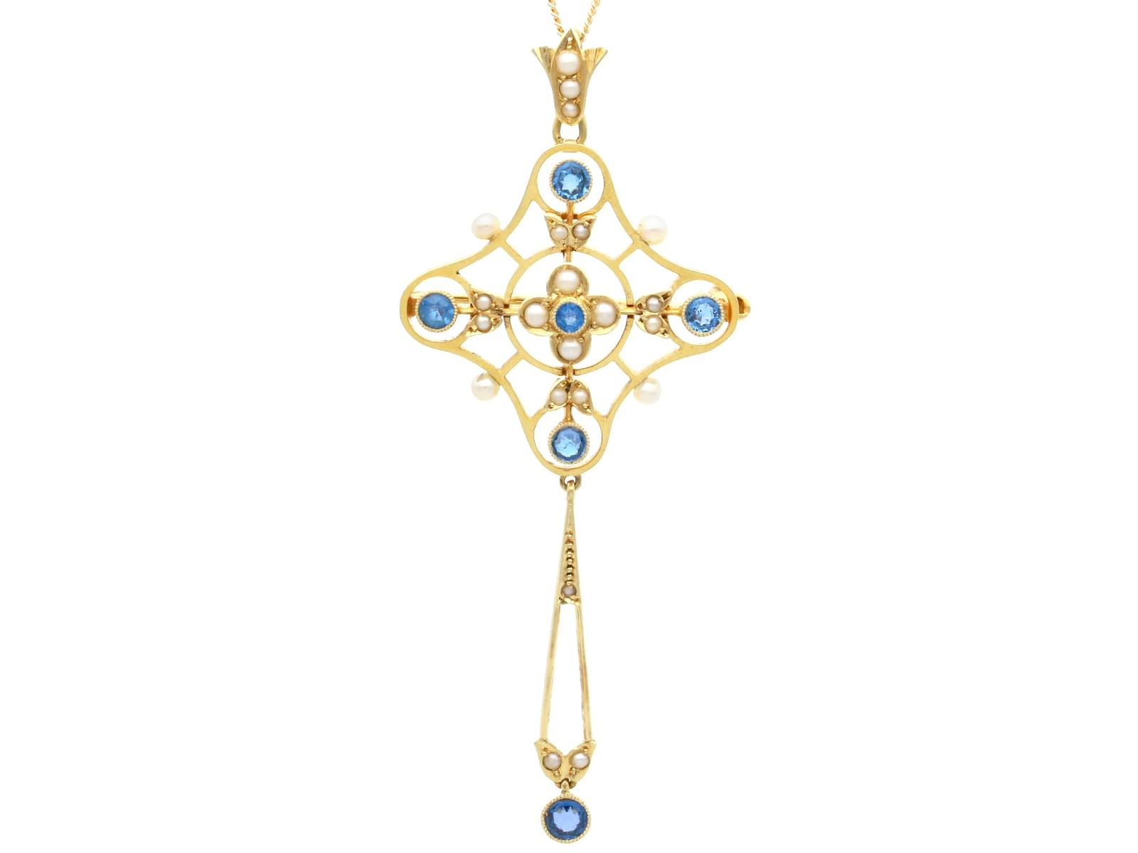 Antique 0.85ct Sapphire & Seed Pearl 15ct Yellow Gold Pendant / Brooch c.1900 (1 of 13)