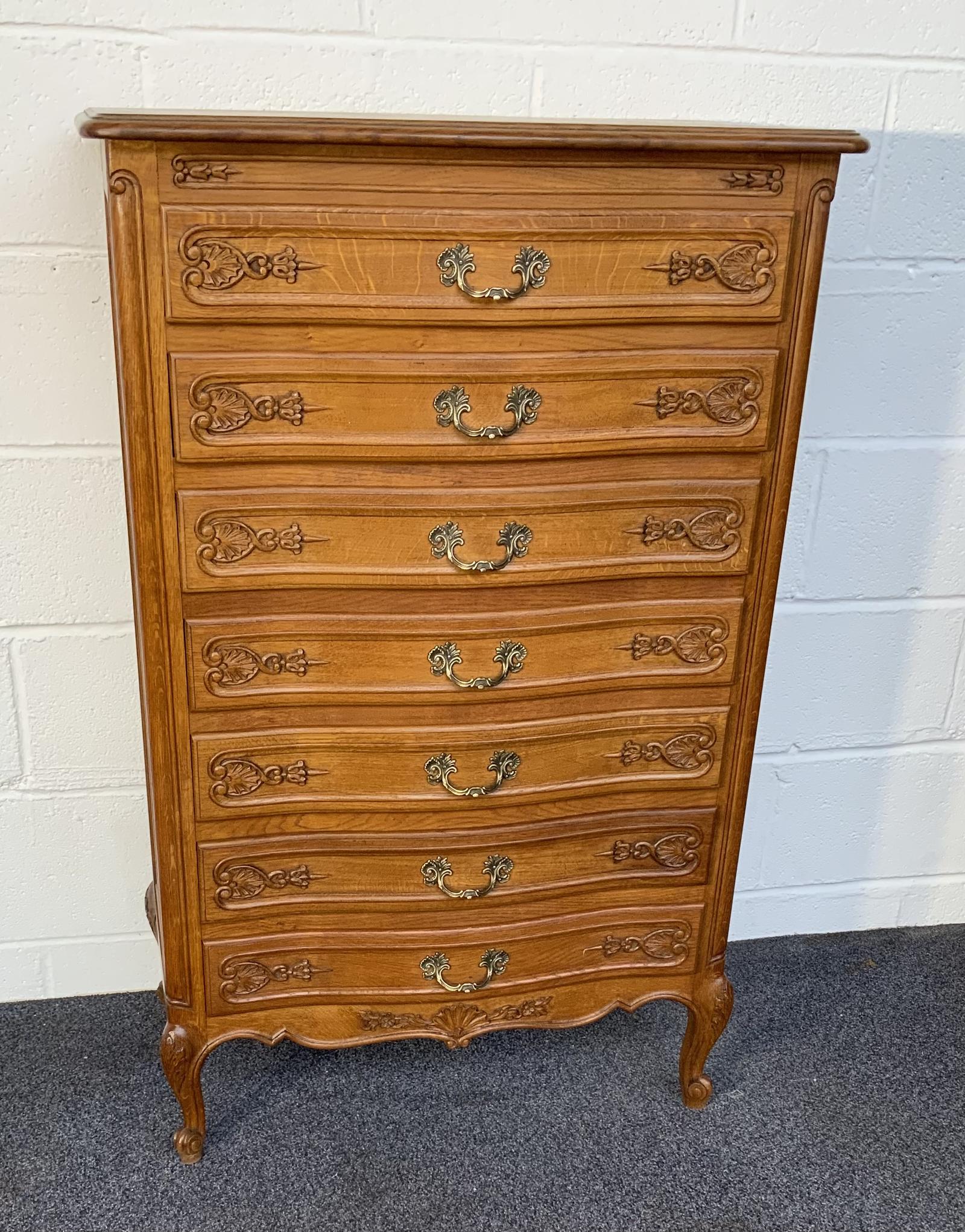 Tall French Carved Oak Chest of Drawers (1 of 9)