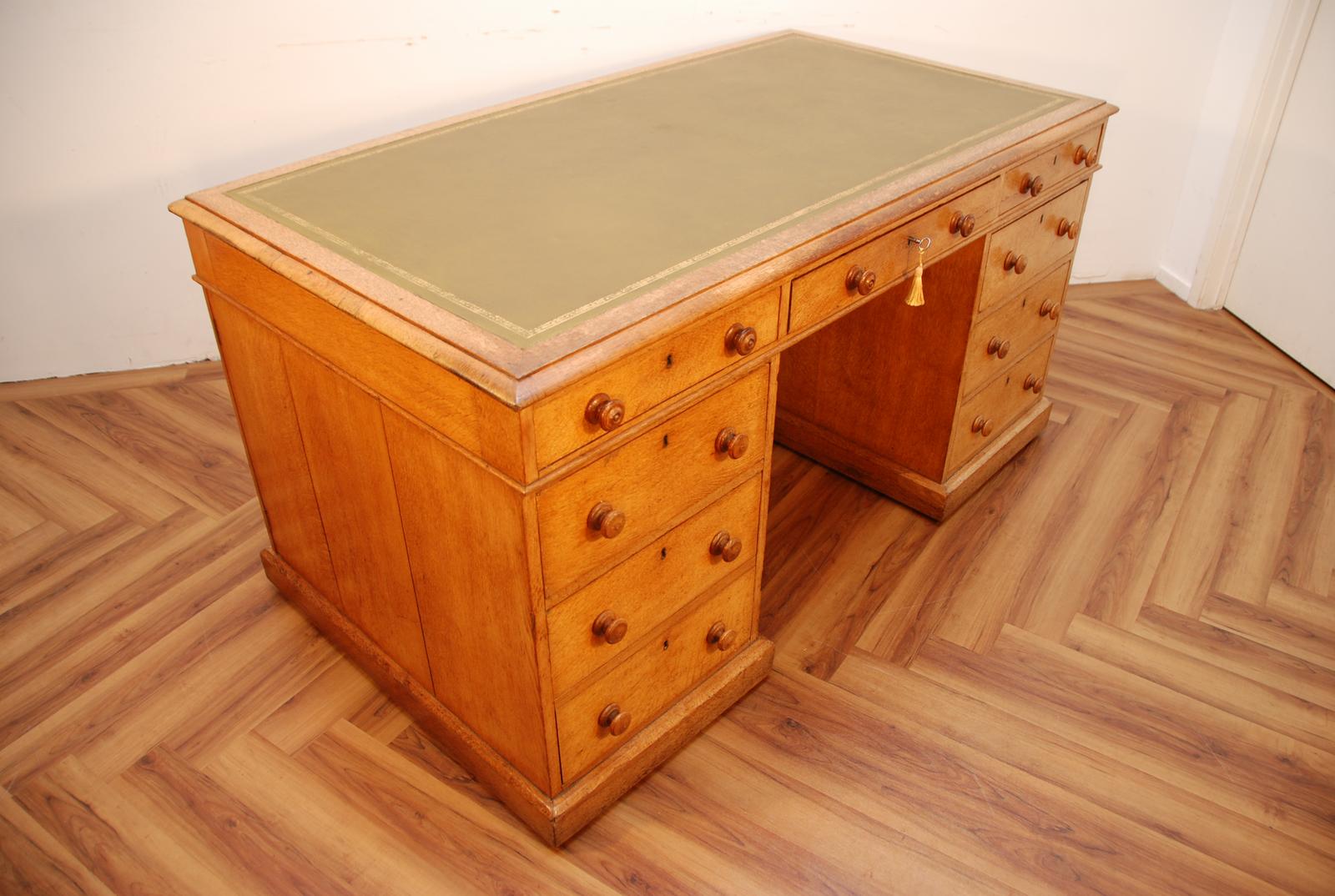 Antique Victorian Golden Oak Twin Pedestal Partners Desk with Green Leather Top (1 of 13)