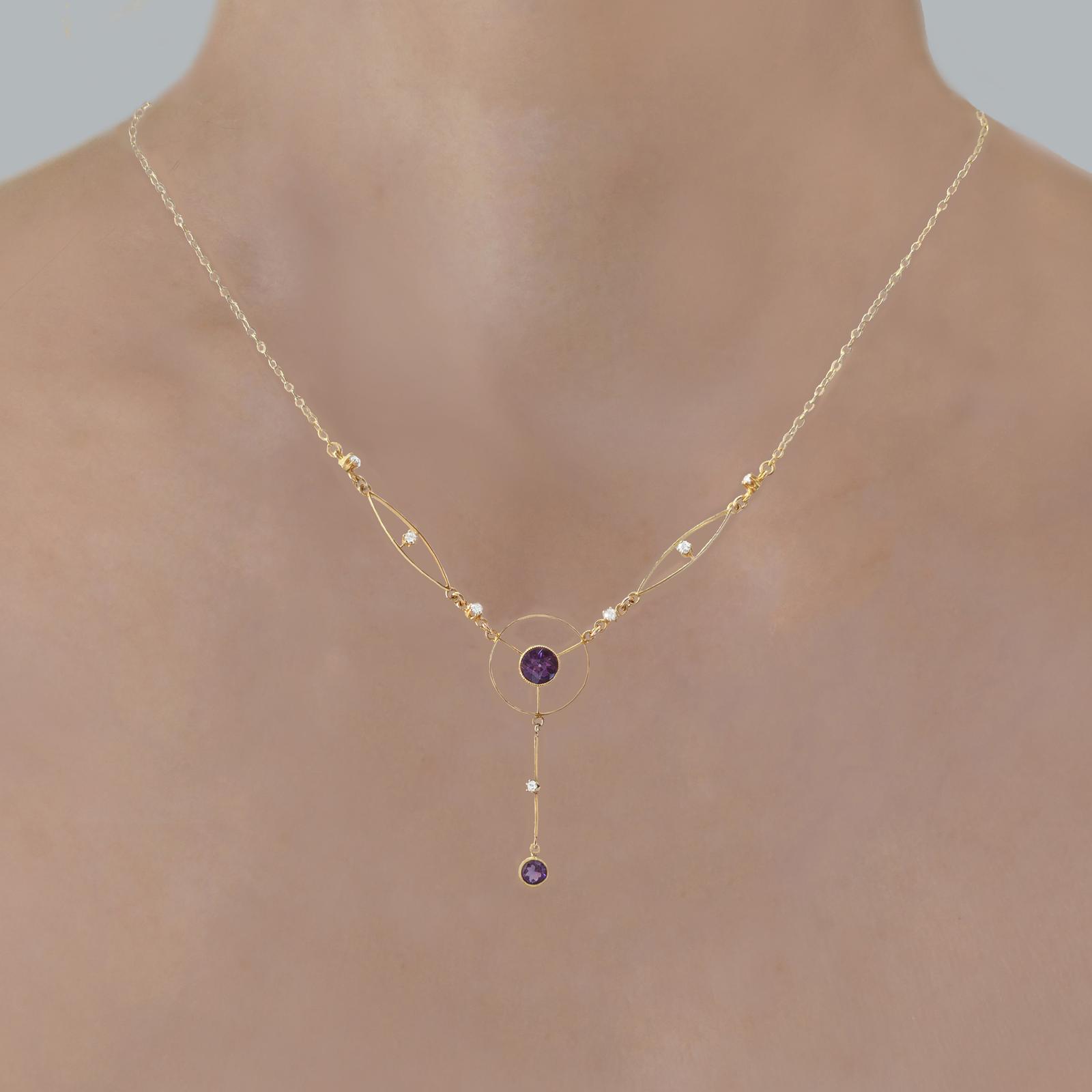 Antique 18ct Gold Amethyst & Old Cut Diamond Lavalier Necklace - Edwardian ca.1910 (1 of 9) Antique 18ct Gold Amethyst & Old Cut Diamond Lavalier Necklace - Edwardian ca.1910 (1 of 9)