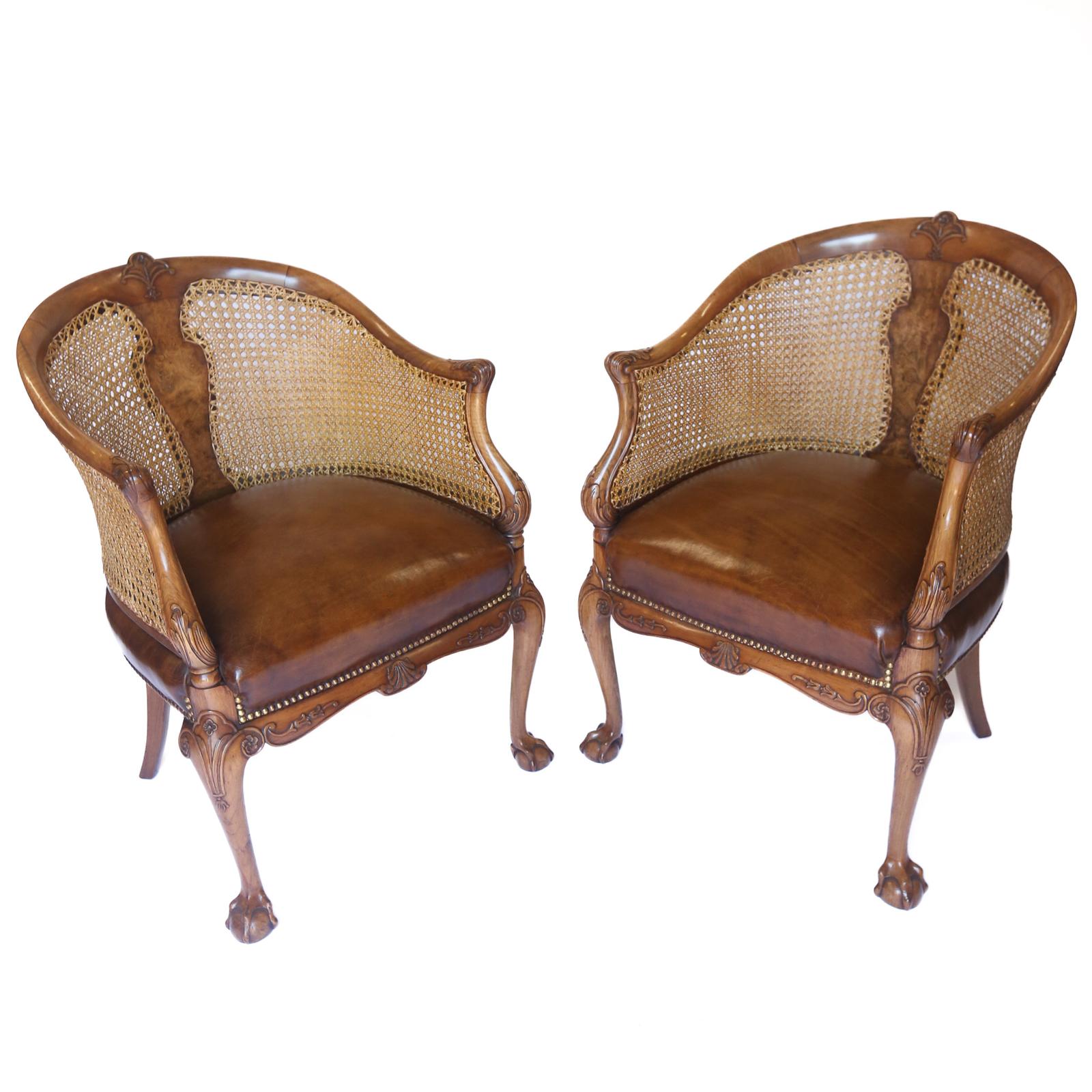 Fine Pair Walnut & Carved Bergere Tub Shaped Chair (1 of 8)