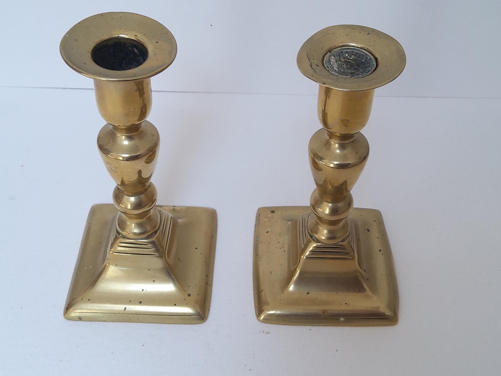 Pair of Square Based Georgian Brass Candlestick with Pushers (1 of 4)