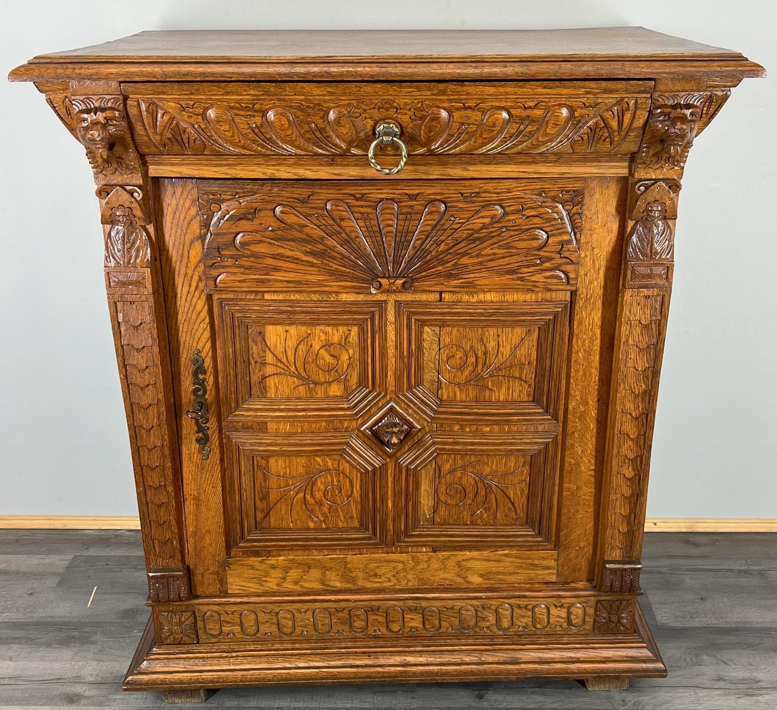 Cabinet Antique French Oak Carved Lion Mask Detail Cupboard with Key (1 of 15)