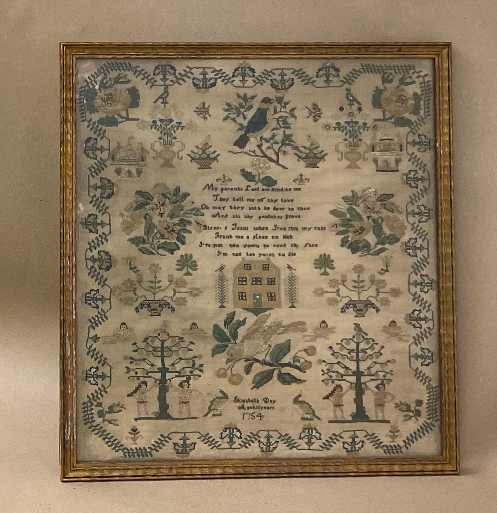 George 11 Needlework Sampler C1754 By Elizabeth Day Aged 10 House,birds,foliage,trees Of Life,plants,verse.antique Georgian (1 of 13) George 11 Needlework Sampler C1754 By Elizabeth Day Aged 10 House,birds,foliage,trees Of Life,plants,verse.antique Georgian (1 of 13)