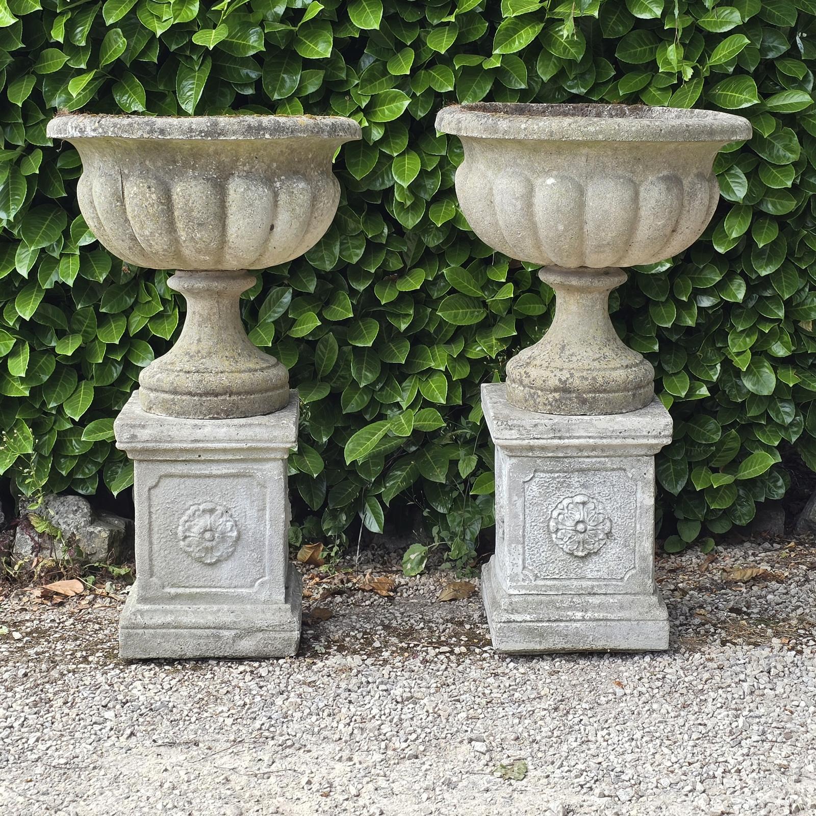 Pair of Well Weathered Garden Urns on Plinths (1 of 7) Pair of Well Weathered Garden Urns on Plinths (1 of 7)