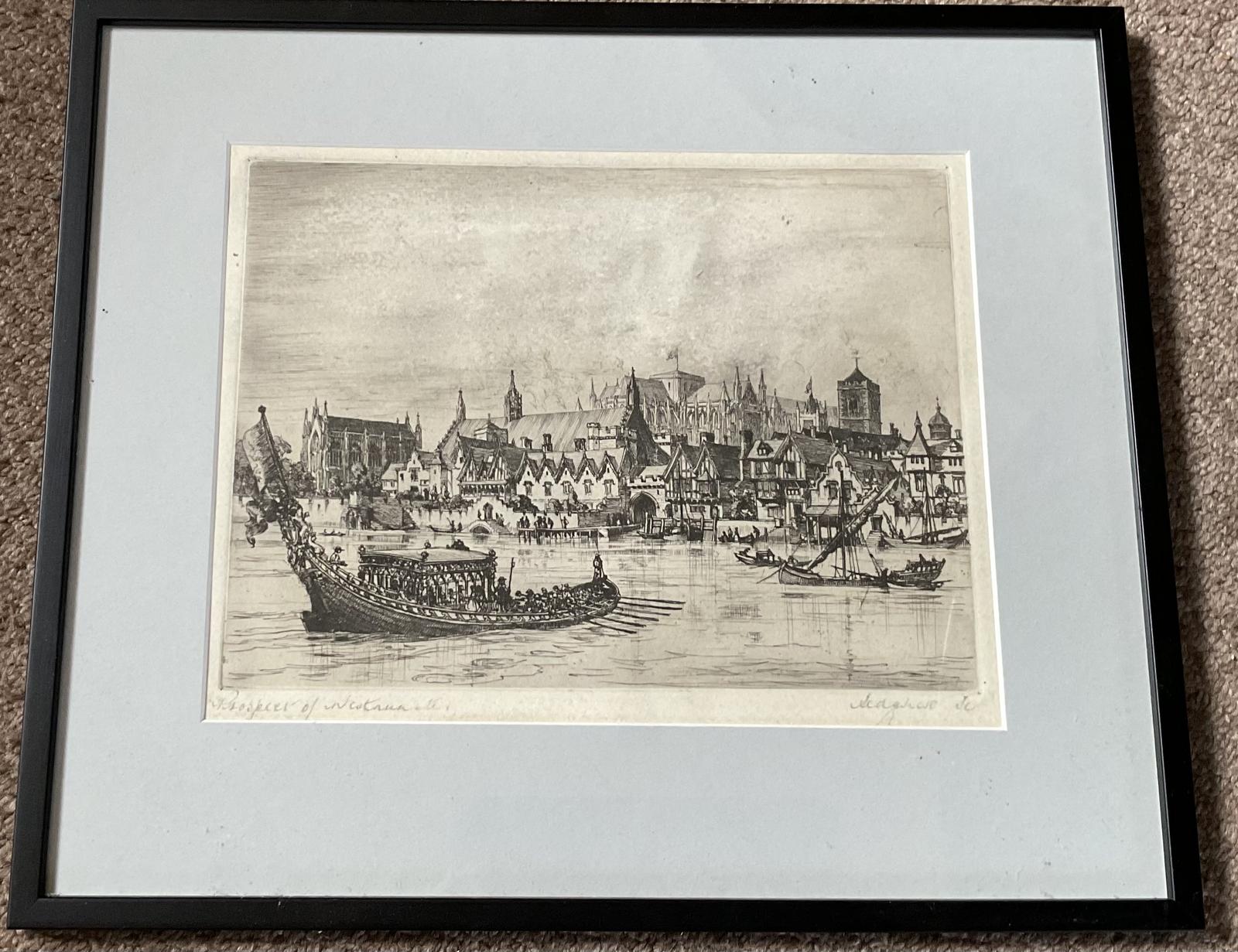 Etching  of Westminster Bridge from the River Thames by F W. Sedgwick (1 of 1)