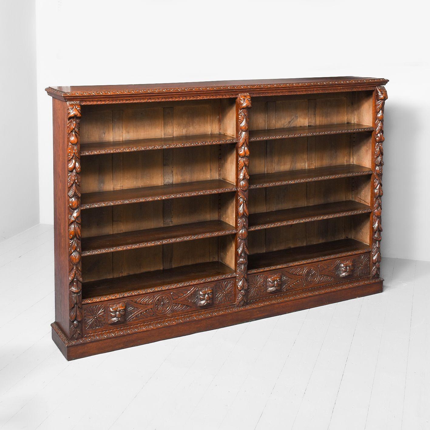 Late Victorian Flemish Carved Oak Open Bookcase (1 of 10)