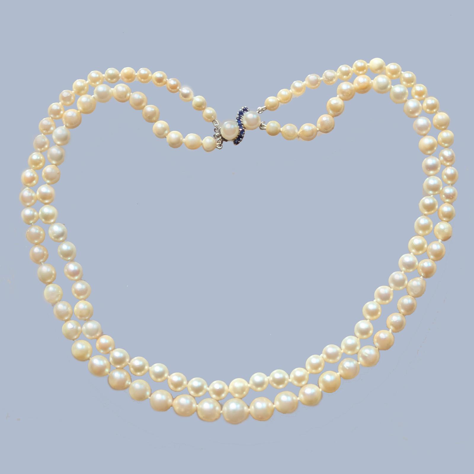Pearl Necklace Double Strand 14k Sapphire Clasp Vintage 1950s Gem Lab Report (1 of 11)