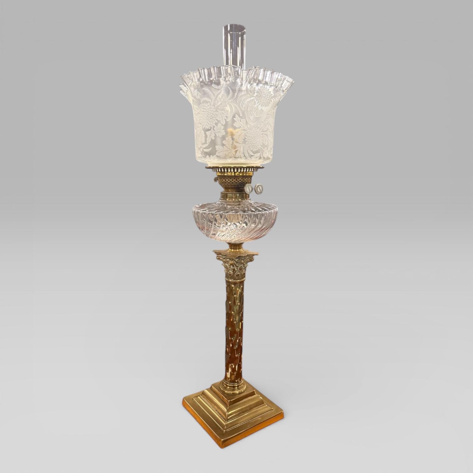 Antique Victorian Duplex Etched Glass Tulip Shade Oil Lamp with Brass Column (1 of 15) Antique Victorian Duplex Etched Glass Tulip Shade Oil Lamp with Brass Column (1 of 15)