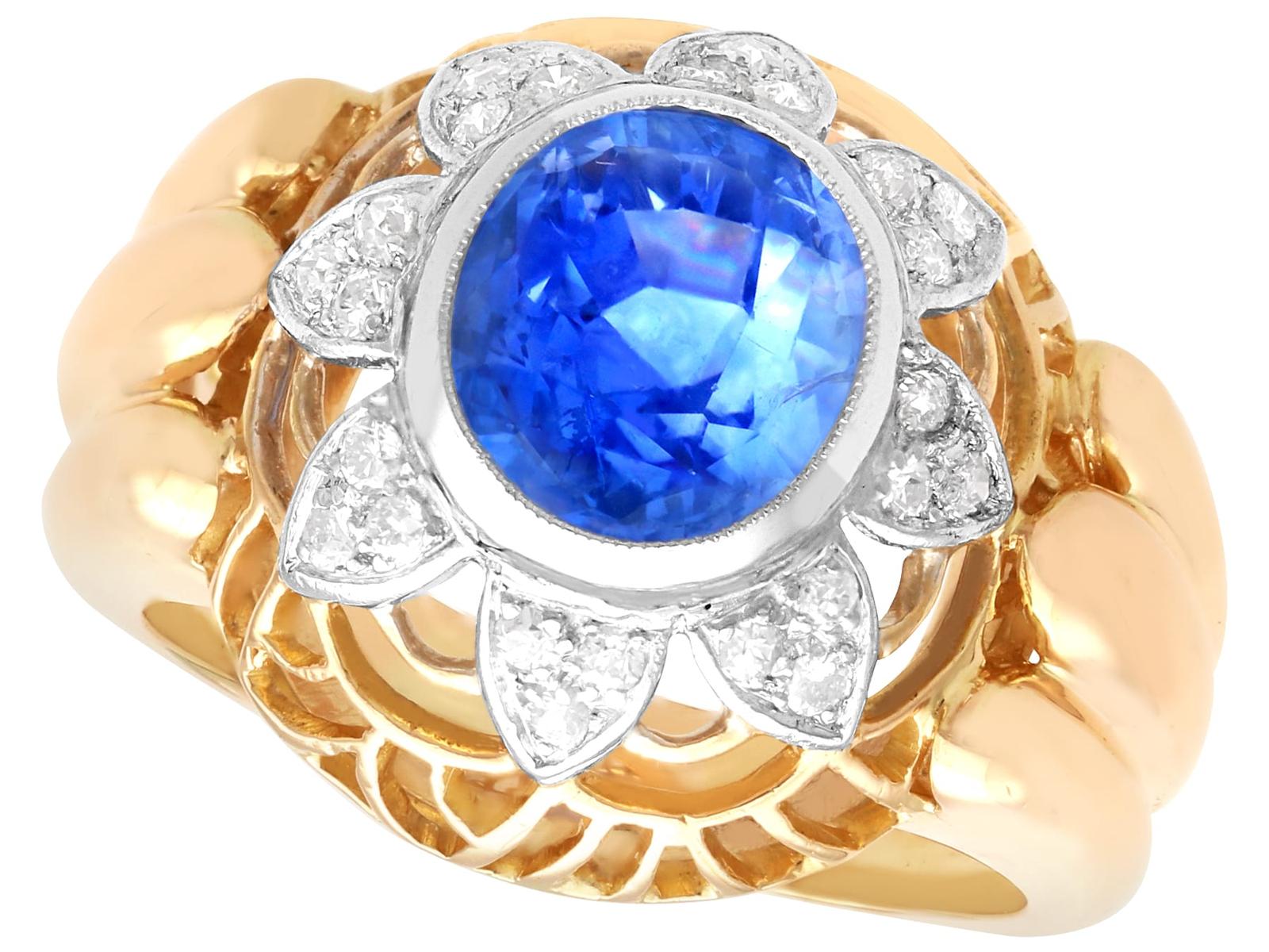 Vintage French 2.51ct Ceylon Sapphire & 0.24ct Diamond 18ct Yellow Gold Platinum Dress Ring c.1950 (1 of 10)